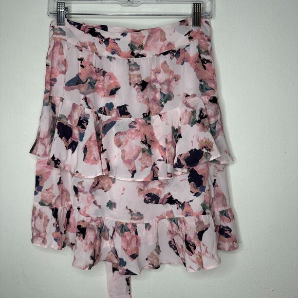 Iro Floral Light Pink Abstract Daring Wrap Flowy Layered Ruffled Mini Skirt 40 - Picture 10 of 16